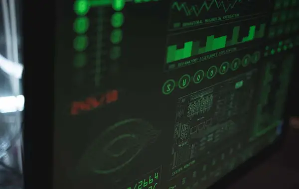 Schermo di un computer che mostra codice e dati di cybersecurity in tonalità verdi