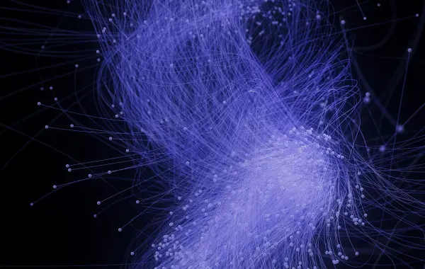 Rete neurale astratta con linee e punti blu su sfondo nero, metafora del J-space di Claude