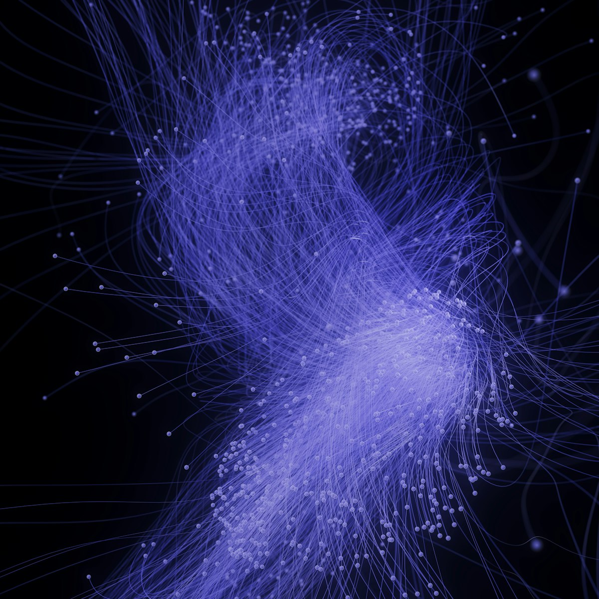Rete neurale astratta con linee e punti blu su sfondo nero, metafora del J-space di Claude