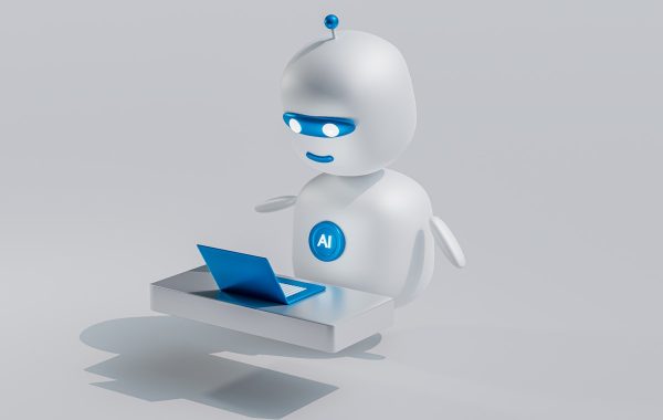 Robot chatbot accanto a uno smartphone con messaggi, illustrazione dell'intelligenza artificiale conversazionale