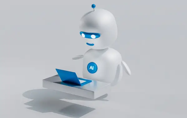 Robot chatbot accanto a uno smartphone con messaggi, illustrazione dell'intelligenza artificiale conversazionale