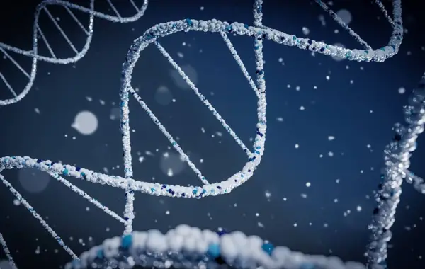 Rappresentazione digitale di una doppia elica del DNA su sfondo blu