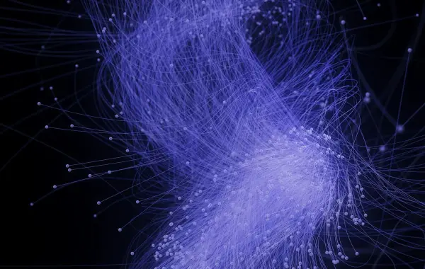 Rappresentazione astratta di una rete neurale con nodi e connessioni luminose su sfondo scuro