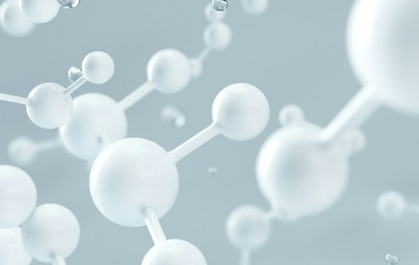 Struttura molecolare tridimensionale che richiama la ricerca scientifica accelerata dall'intelligenza artificiale