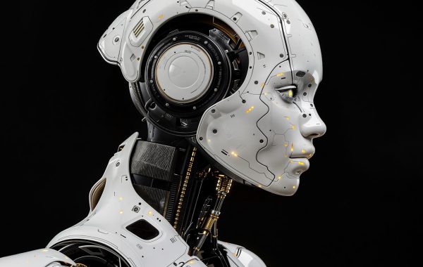 Robot umanoide bianco in piedi su sfondo scuro, immagine simbolica dei robot domestici come NEO di 1X
