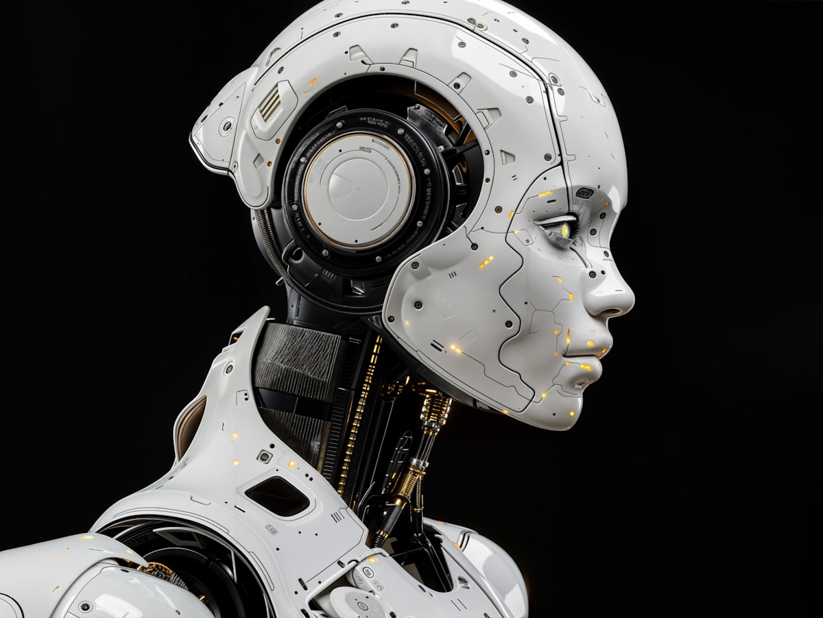Robot umanoide bianco in piedi su sfondo scuro, immagine simbolica dei robot domestici come NEO di 1X