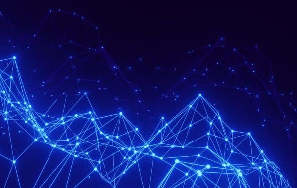 Rete astratta di nodi e linee blu che rappresenta gli agenti AI interconnessi tramite protocolli aperti
