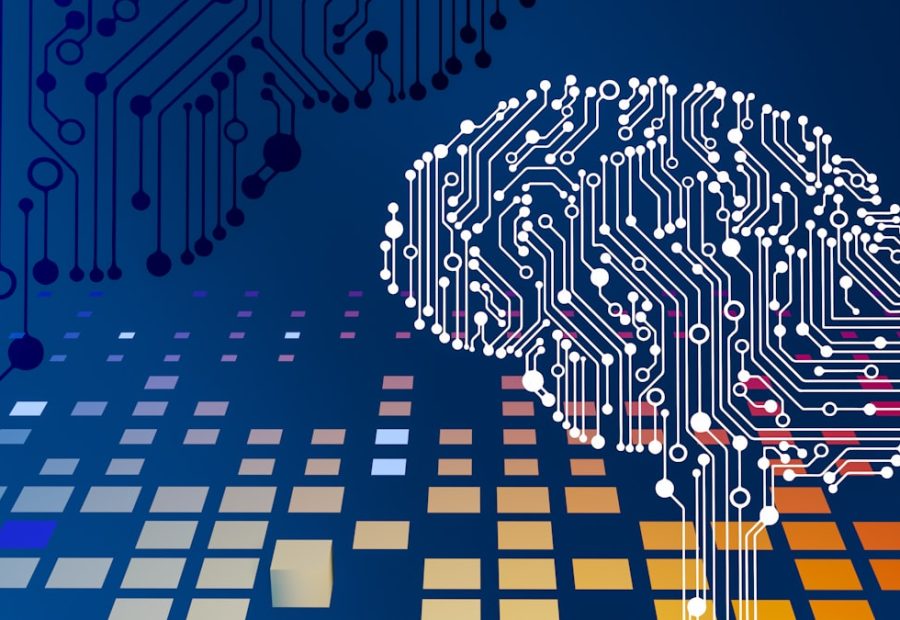 Immagine astratta di intelligenza artificiale, circuito elettronico con cervello stilizzato