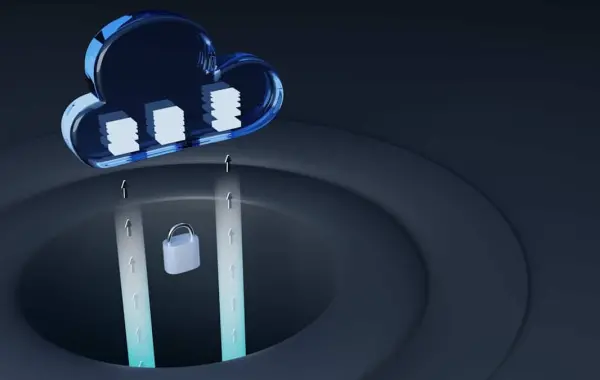 Illustrazione 3D di una nuvola di dati con un lucchetto, simbolo del controllo degli accessi ai contenuti web