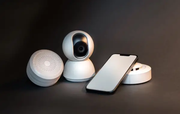 Internet of Things: smartphone e telecamera di sicurezza wireless, esempio di dispositivi connessi dell’internet delle cose