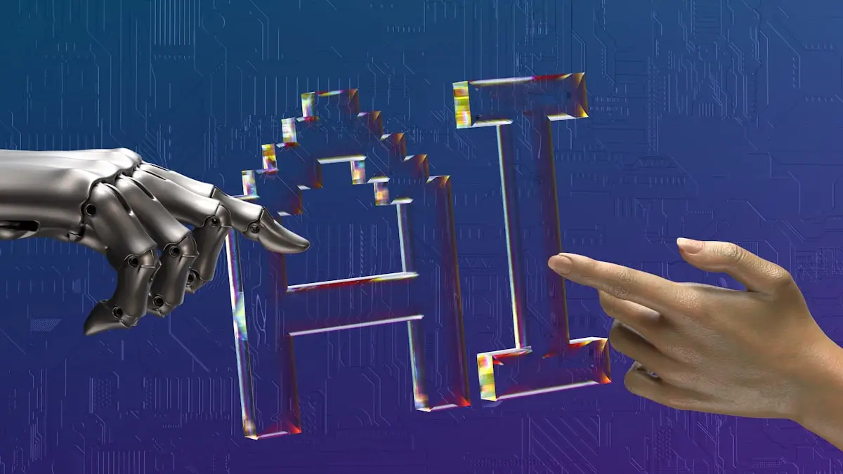 Mani robotiche e mani umane si protendono l'una verso l'altra, simbolo del lavoro umano dietro l'intelligenza artificiale