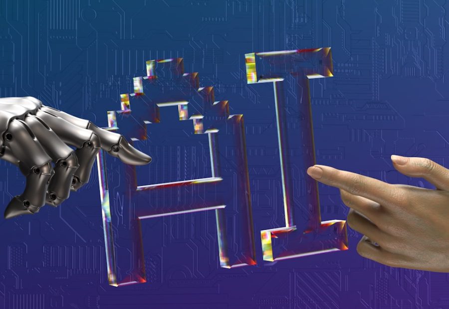 Mani robotiche e umane che si tendono verso una scritta AI, a simboleggiare gli agenti di intelligenza artificiale