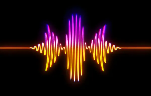 Onda sonora colorata su sfondo nero che rappresenta l’audio generato dall’AI e la filigrana SynthID