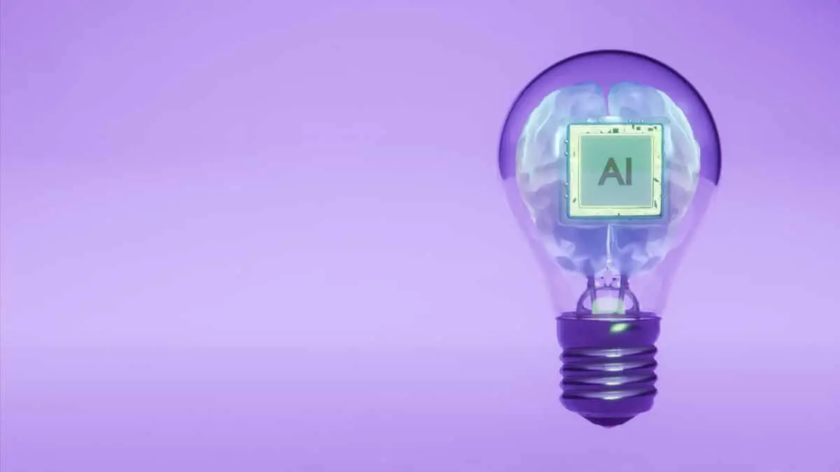 Illustrazione concettuale di intelligenza artificiale: un chip AI dentro un cervello in una lampadina