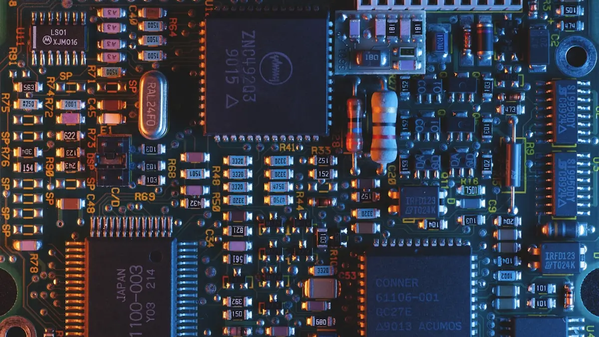 Primo piano di un microchip su una scheda elettronica, a rappresentare l’efficienza hardware resa possibile dalla quantizzazione dei modelli AI