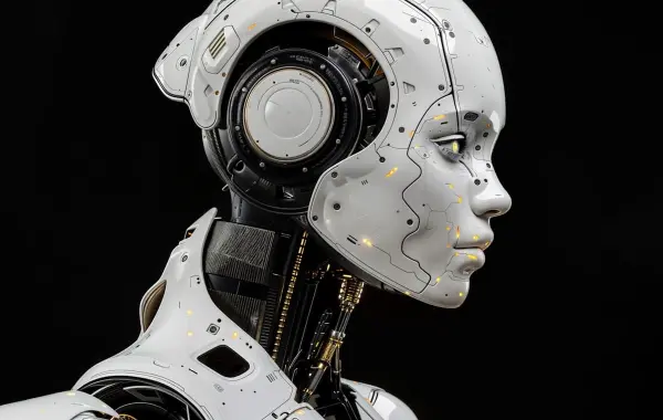 Robot umanoide bianco, simbolo dell’intelligenza artificiale incarnata e dei modelli del mondo per la robotica