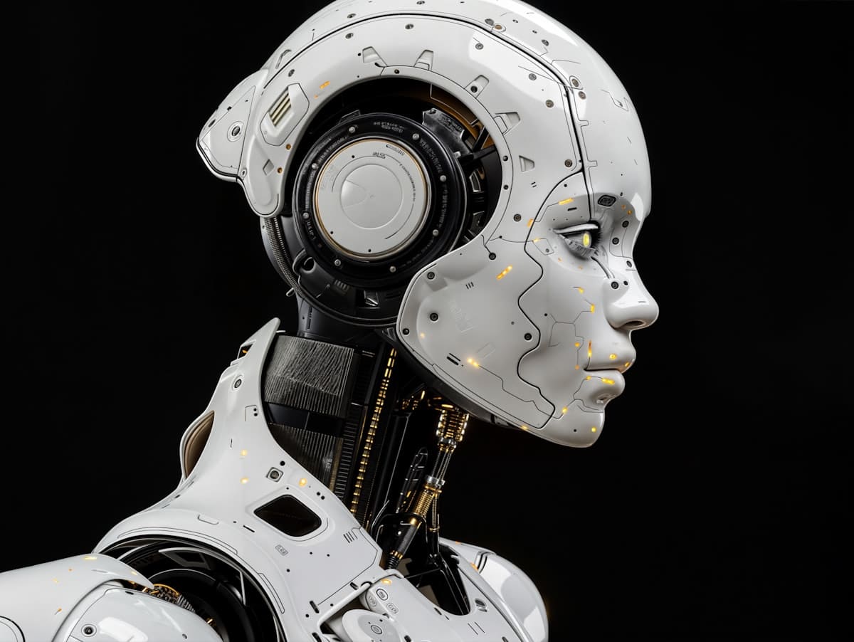 Robot umanoide bianco, simbolo dell’intelligenza artificiale incarnata e dei modelli del mondo per la robotica
