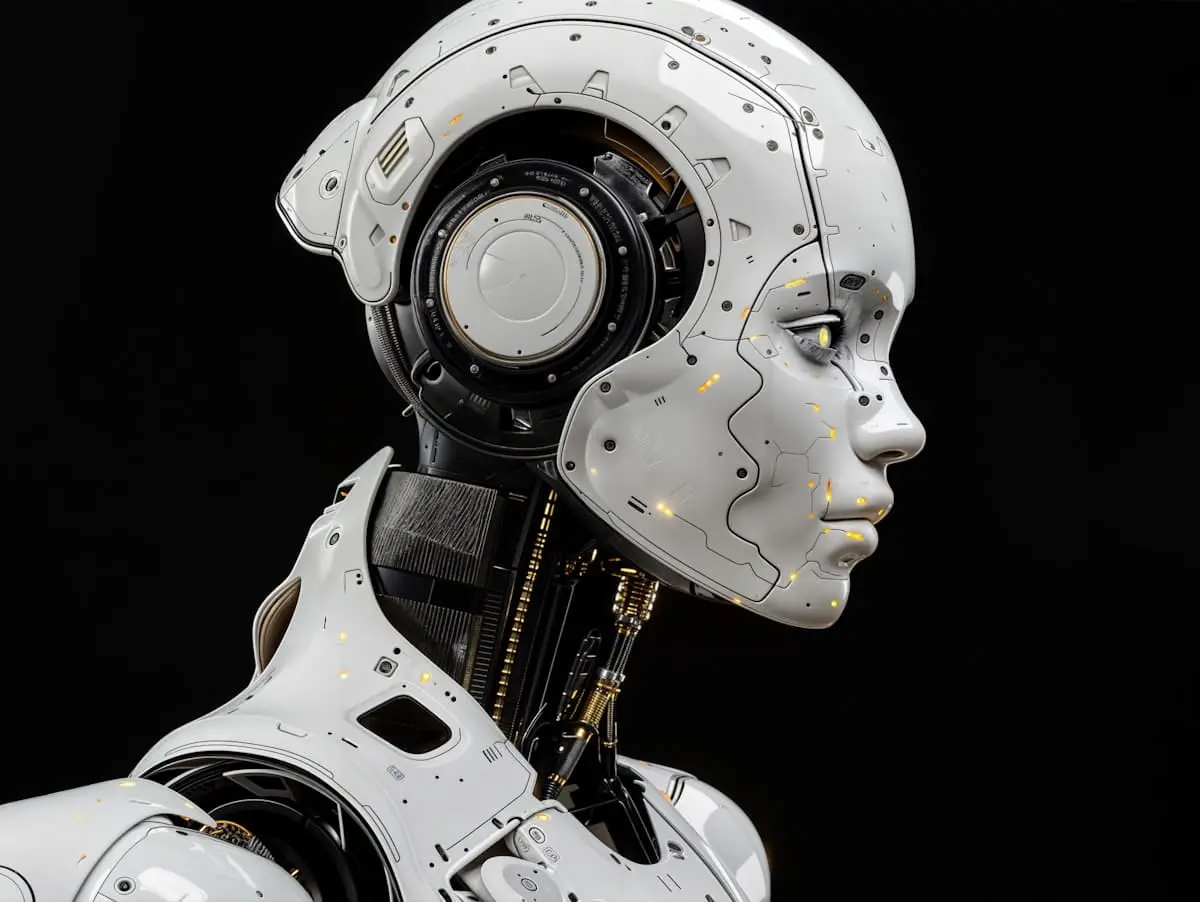 Robot umanoide bianco, simbolo dell’intelligenza artificiale incarnata e dei modelli del mondo per la robotica