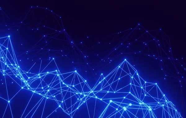Rete astratta di nodi e connessioni che rappresenta sistemi AI multi-agente che interagiscono