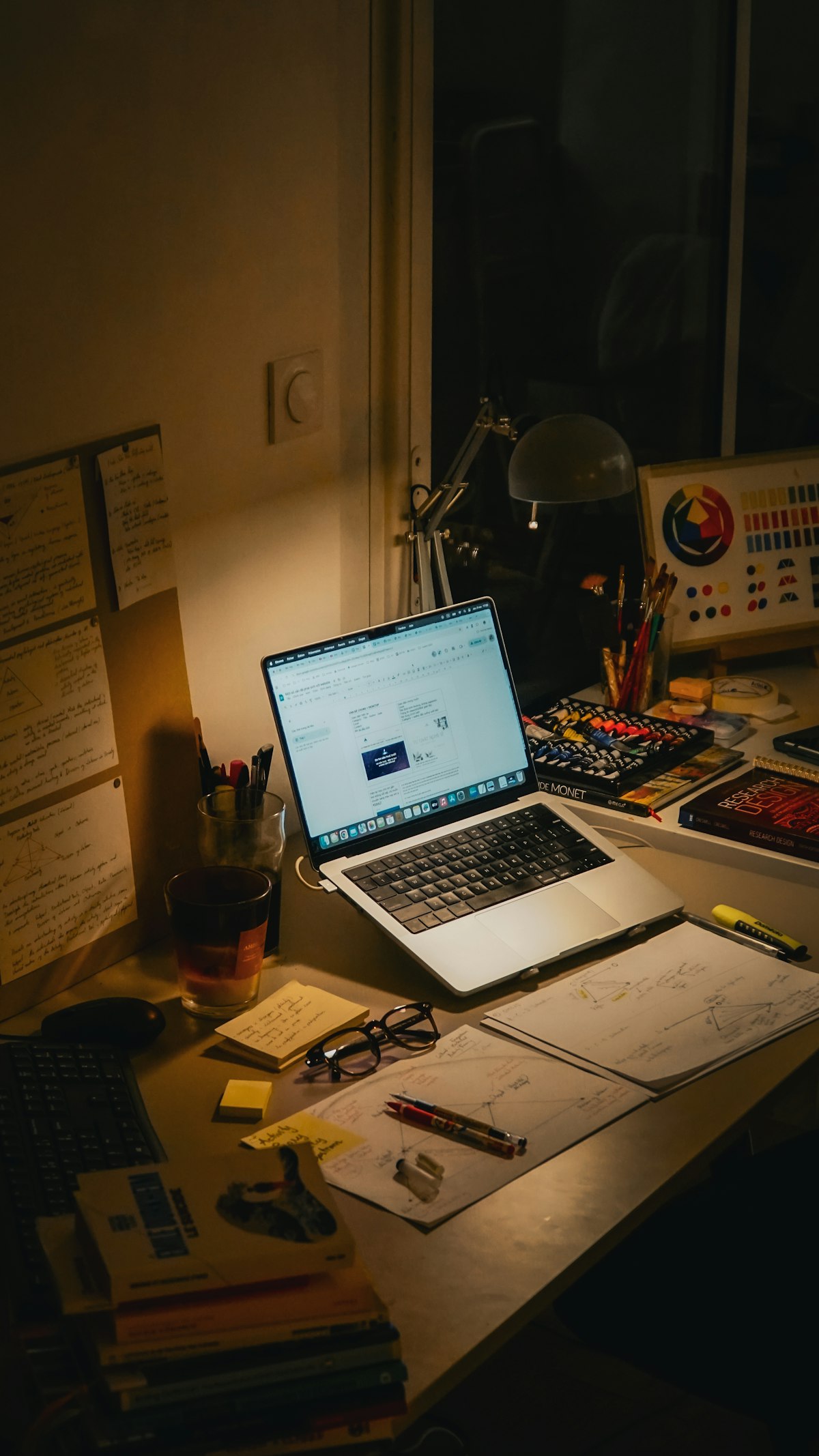 Scrivania con portatile, libri e appunti per studiare con l'intelligenza artificiale