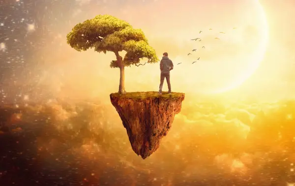 Fotoritocco creativo con isola sospesa tra le nuvole, esempio di editing avanzato delle immagini