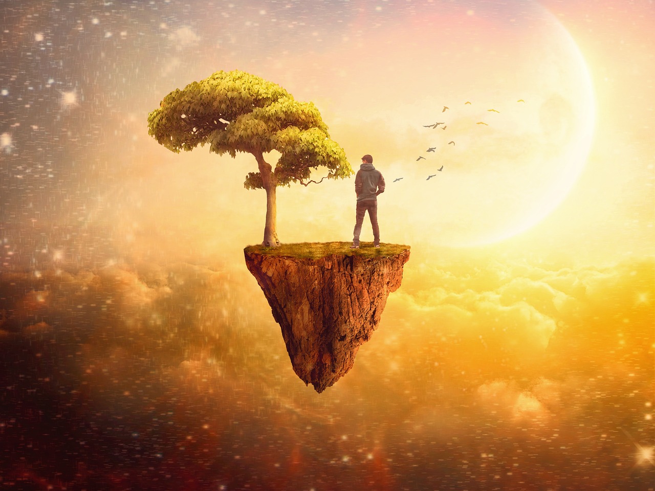 Fotoritocco creativo con isola sospesa tra le nuvole, esempio di editing avanzato delle immagini