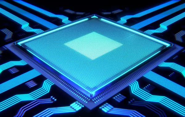 Primo piano di un processore su scheda madre, simbolo dei nuovi chip AI di Alibaba
