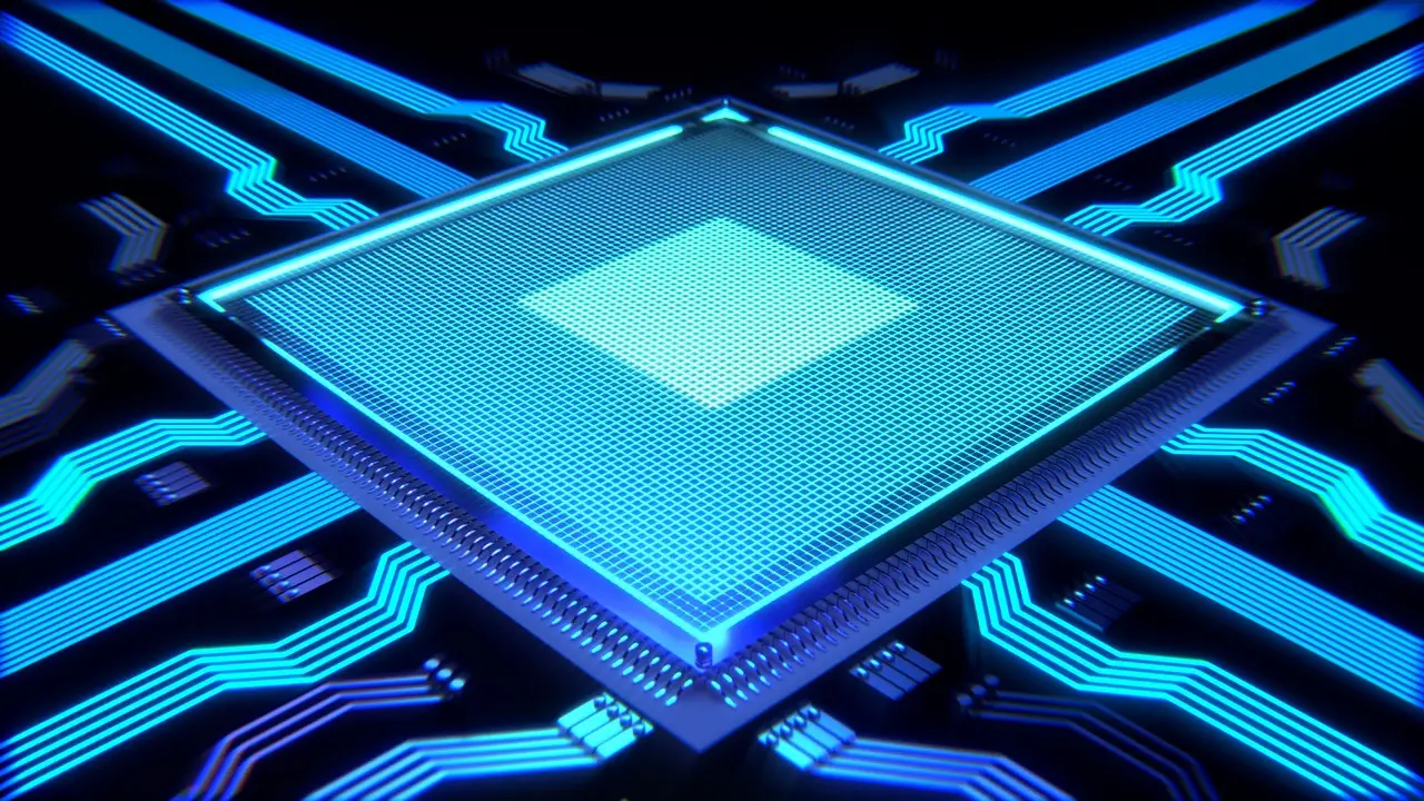 Primo piano di un processore su scheda madre, simbolo dei nuovi chip AI di Alibaba