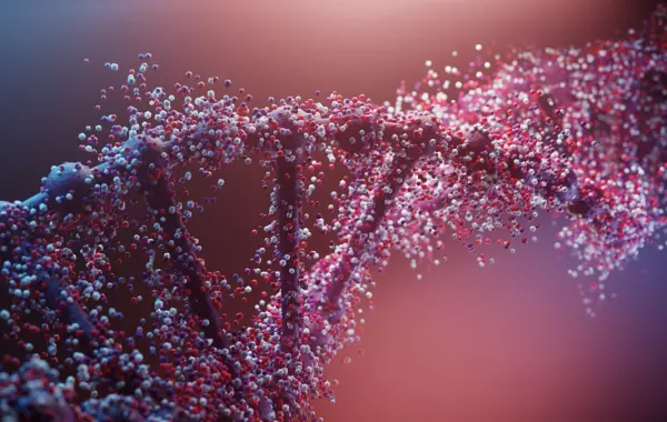 Rappresentazione della doppia elica del DNA composta da particelle luminose, a simboleggiare la mappatura AI del genoma di AlphaGenome Atlas