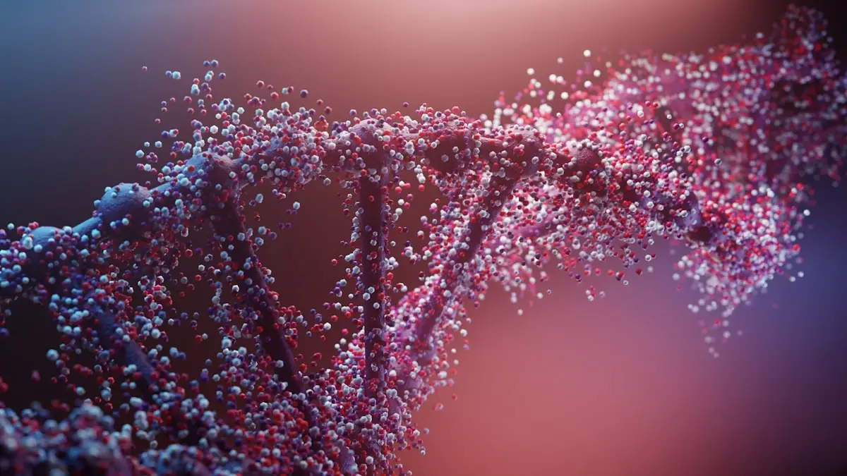 Rappresentazione della doppia elica del DNA composta da particelle luminose, a simboleggiare la mappatura AI del genoma di AlphaGenome Atlas