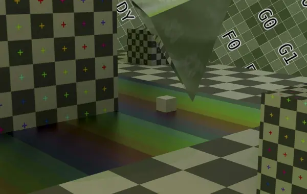 Ambiente 3D astratto con pavimento a scacchi colorato e un cubo bianco, simbolo dei world model