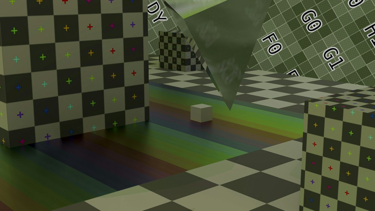 Ambiente 3D astratto con pavimento a scacchi colorato e un cubo bianco, simbolo dei world model
