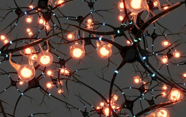 Rappresentazione astratta di una rete neurale con nodi e connessioni luminose