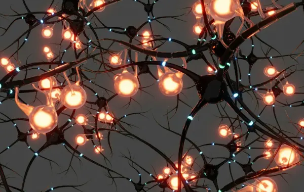 Rappresentazione astratta di una rete neurale con nodi e connessioni luminose