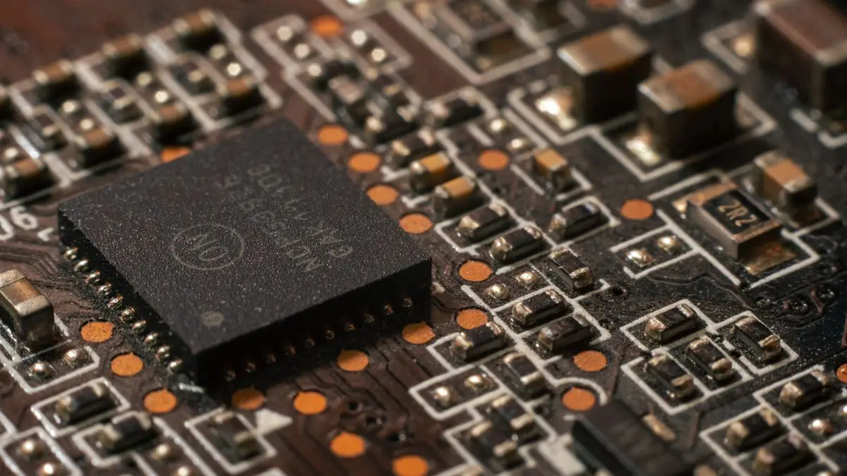 Primo piano di un chip su una scheda elettronica, simbolo della potenza di calcolo e dei costi dei modelli AI come Claude Opus 5.5