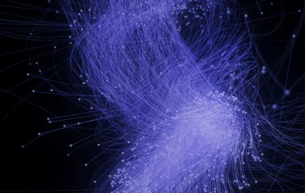 Linee e punti luminosi blu su sfondo nero che ricordano una rete neurale, immagine per Gemini 4 di Google DeepMind