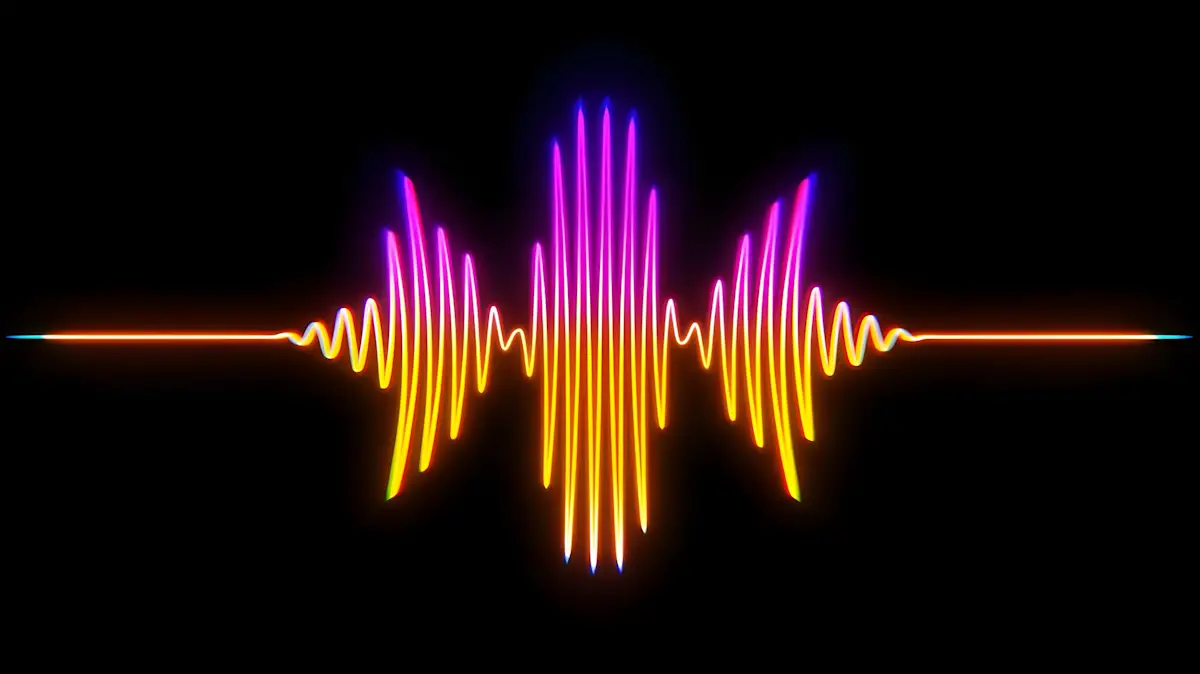 Onda sonora colorata su sfondo scuro che rappresenta la trascrizione vocale con intelligenza artificiale