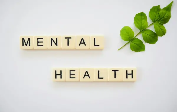 Tessere con la scritta salute mentale accanto a una foglia verde