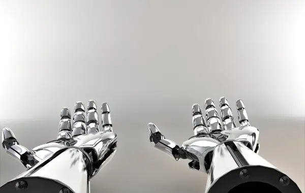 Robot umanoide in primo piano, simbolo del rapporto tra intelligenza artificiale e dignità umana
