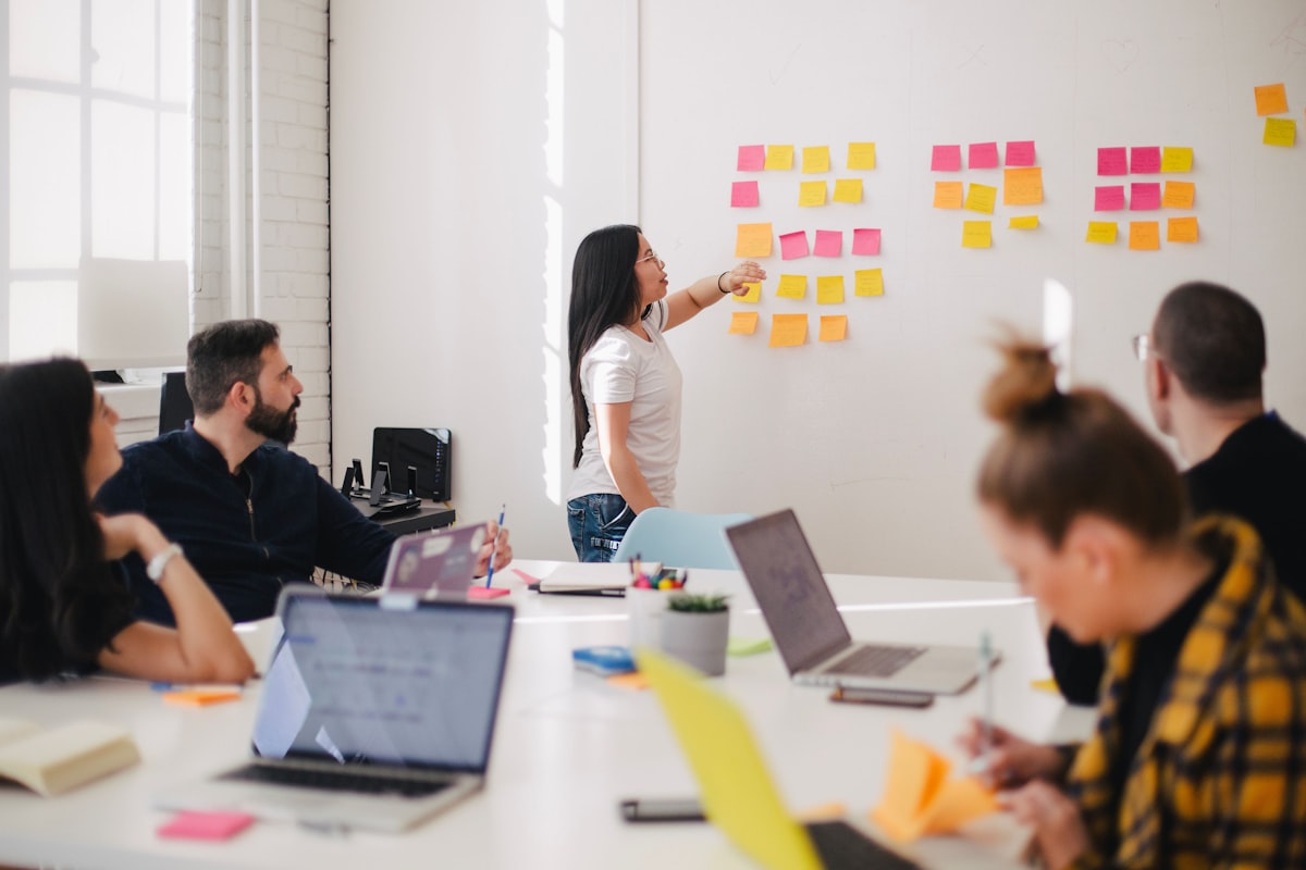 Una persona presenta un progetto al proprio team in riunione, esempio di presentazione professionale