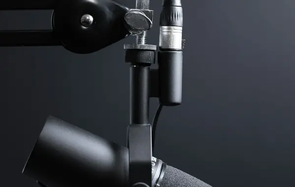 Microfono da studio nero e argento su asta, simbolo dei modelli vocali AI Qwen-Audio-3.1