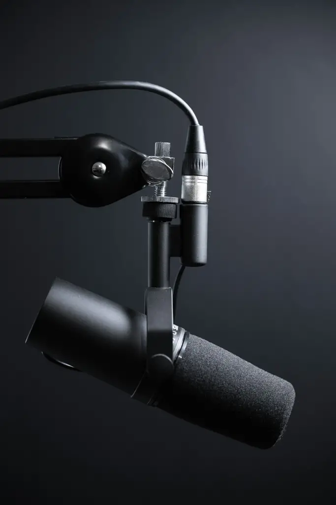 Microfono da studio nero e argento su asta, simbolo dei modelli vocali AI Qwen-Audio-3.1