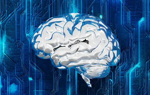 Cervello stilizzato su un circuito elettronico che rappresenta l'intelligenza artificiale e il reinforcement learning