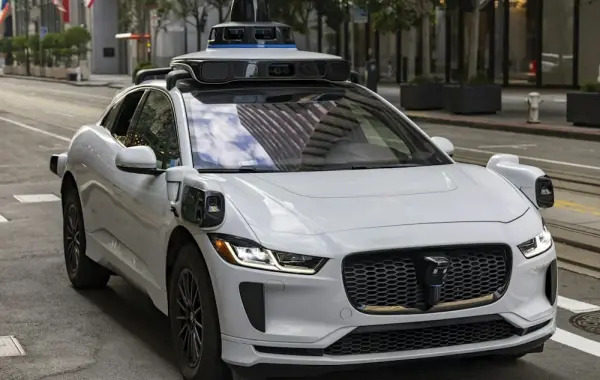 Auto bianca a guida autonoma su una strada cittadina, simbolo dei robotaxi in Europa