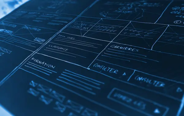 Wireframe luminoso di un'interfaccia utente, concept del design digitale generato in tempo reale