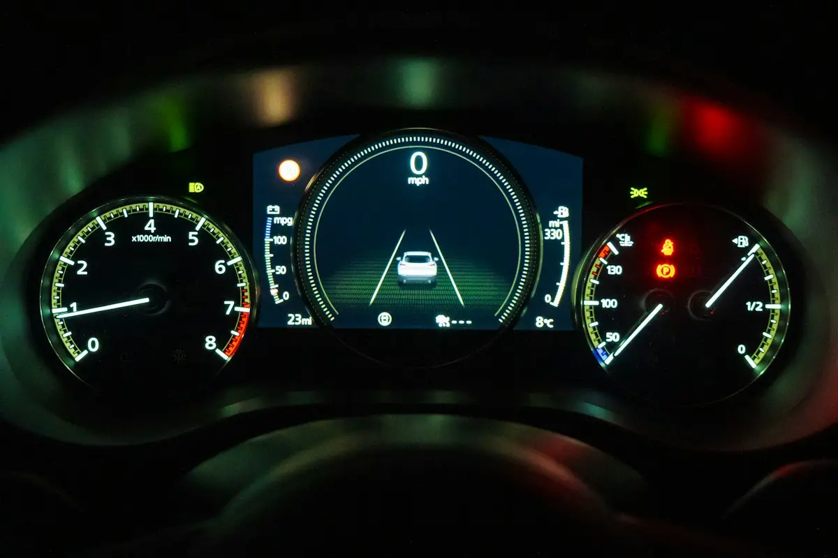 Cruscotto di un'auto con display di navigazione acceso