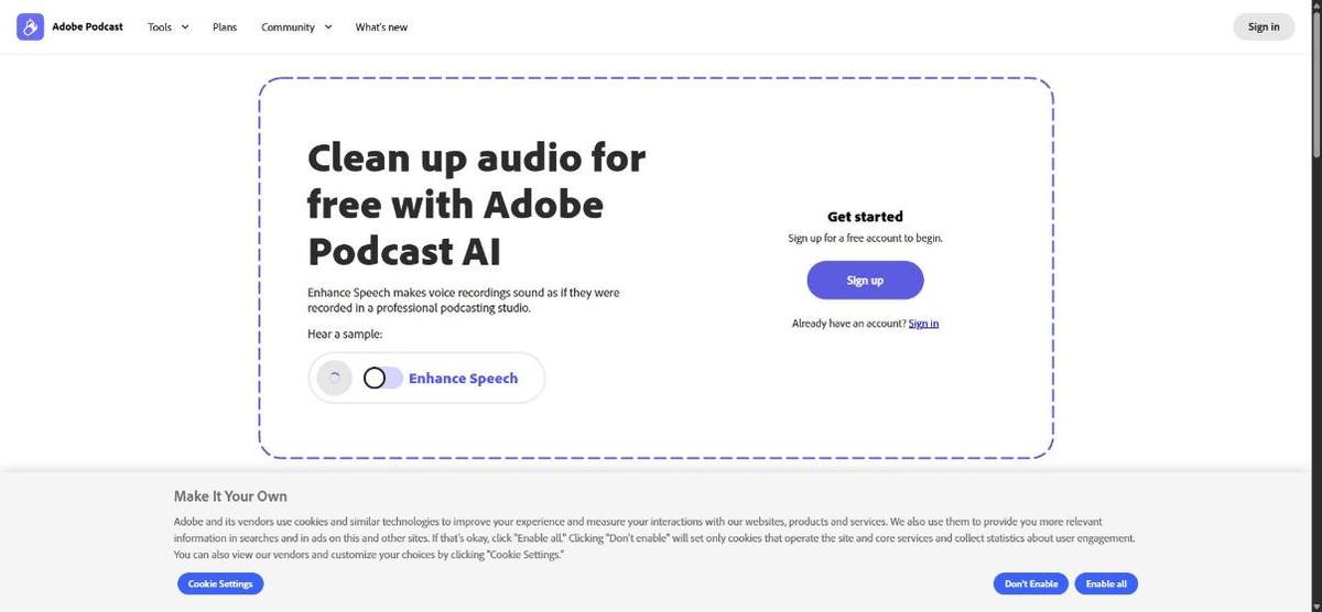 Home page di Adobe Podcast (Enhance)