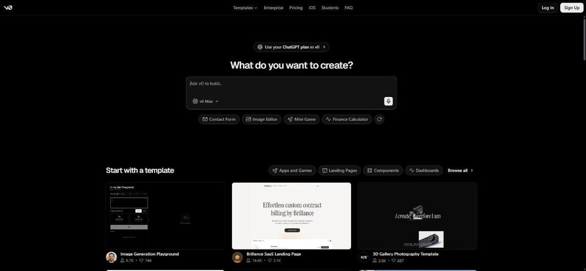 Home page di v0 di Vercel