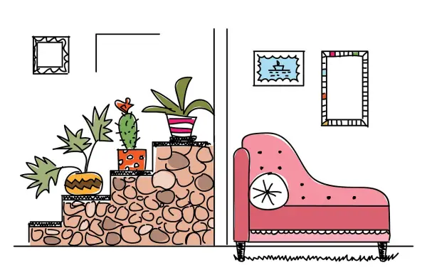 Soggiorno moderno arredato con divano, luce naturale e complementi d'arredo, esempio di interior design