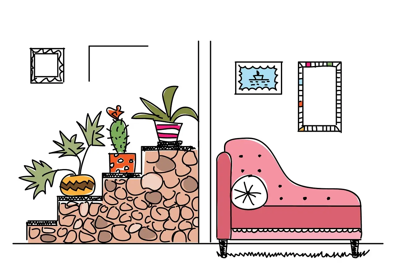 Soggiorno moderno arredato con divano, luce naturale e complementi d'arredo, esempio di interior design